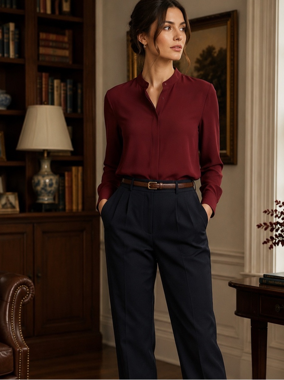Womens Burgundy Button-Trim Long Sleeve Blouse